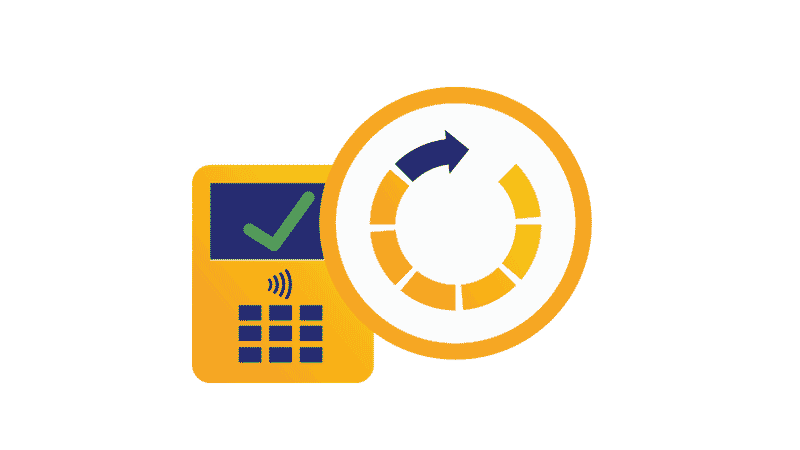 Gambar ikon perangkat pembayaran nirsentuh dan ilustrasi dari panah berputar yang mewakili efisiensi operasional bertransaksi contactless dengan Visa